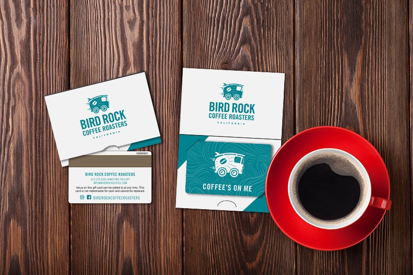 Bird Rock Coffee Roasters Gift Cards with Custom Gift Card Holders