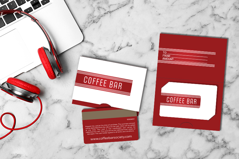 Coffee Bar Society Gift Cards with Custom Gift Card Holders