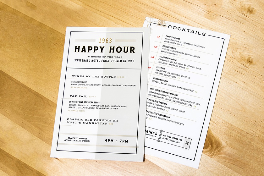 Whitehall Hotel Happy Hour Cocktail Menu